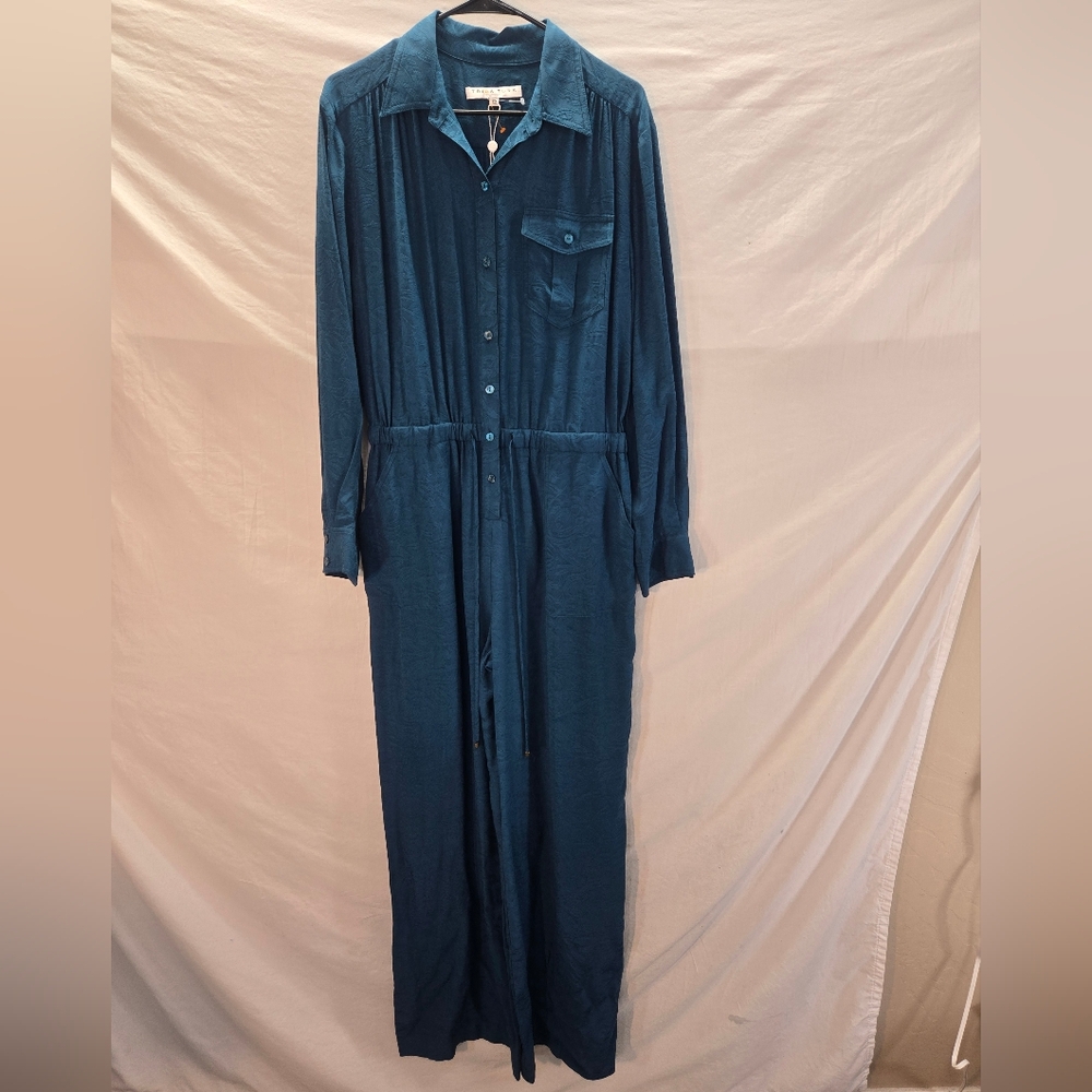 Trina Turk Banita Women's 12 Teal Green Floral Jacquard Wide Leg Jumpsuit New - Picture 3 of 8
